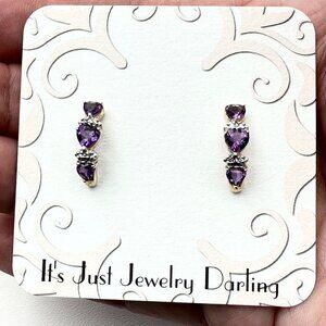 14K Yellow Gold Womens Earrings Pierced Amethyst Heart Diamond Gift Idea for Her